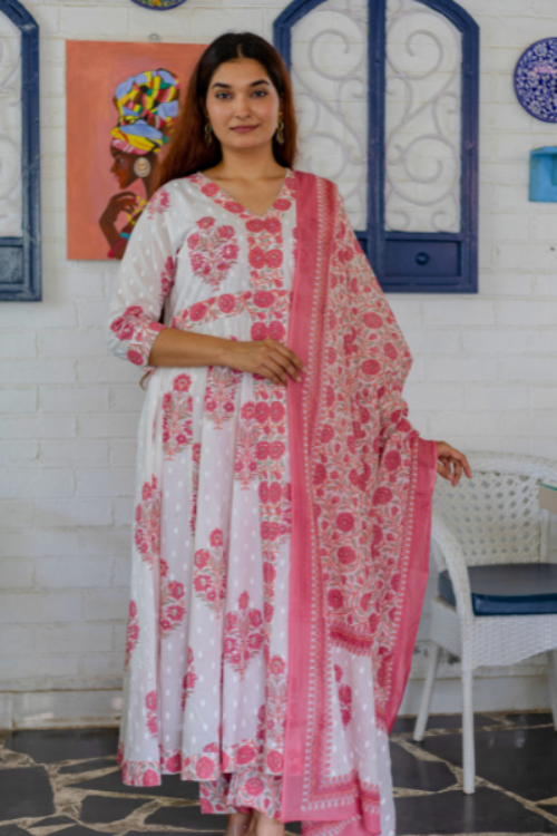 Graceful Glow Anarkali White-Pink Kurti Set