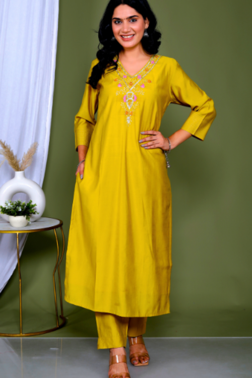 Timeless Elegance Modal Yellow  Kurti Set