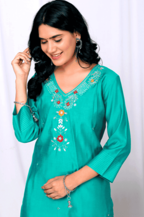 Sequin & Thread Elegance  Green Kurti Set