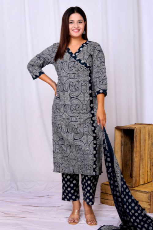 Radiant Angrakha Cotton 3-Piece  Kurti Set